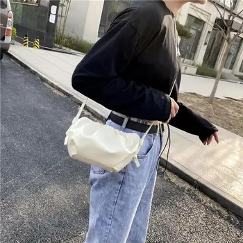 Casual PU Kvinder Plisserede Ren Farve Cloud Hobo Taske Mode skuldertaske Lynlås Mini-Sling Bag