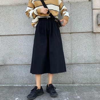 2020 Foråret koreanske Smarte Nederdele Kvinder Japan Stil med Høj Talje Elastik Khaki Mid-kalv Nederdel Kvindelige Safari Style-A-line Løs Nederdel