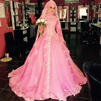 2020 Pink Puffy Dubai Muslimske Bryllup kjole med Lange Ærmer Pynt brudekjoler arabisk Vestido De Noiva Bryllup kjoler