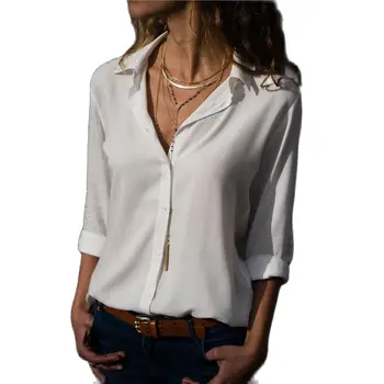 2021 Efterår og Vinter Kvinder er Hot Sælger Mode Solid Farve Single-Breasted Lange Ærmer V-Hals Chiffon Skjorte