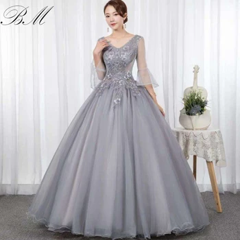 Billige Sølv Quinceanera Kjoler 2021 BEALEGANTOM Lace Broderi Ball Gown Fuld Ærmer V-Hals Prom Party Vestidos De 15 Anos