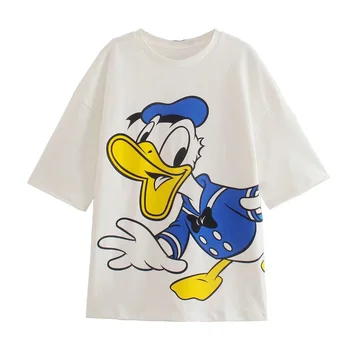 Disney Europæiske og Amerikanske mode all-around runde krave top Donald duck print løs, kortærmet T-shirt vis tynd