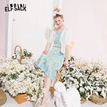 ELFSACK Daisy Blomster Høj Talje Afslappet Kvinder Midi-Vintage Nederdele,2021 Sommeren ELF ,koreanere Damer Grundlæggende Daglige Bohemia Bunden