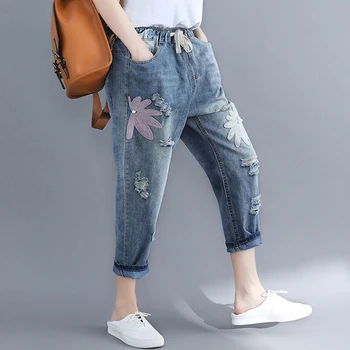 Efteråret Harajuku Kvinder Hul Broderet Denim Bukser Pearl Beaded Ni Harlan Bukser Damer Sommeren Løs Plus størrelse Vintage Jeans
