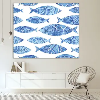 Gobelin Fisk Mønstre Undersøiske Aqutic Liv Dekorative Klassisk Stil Grafik Blå Hvid