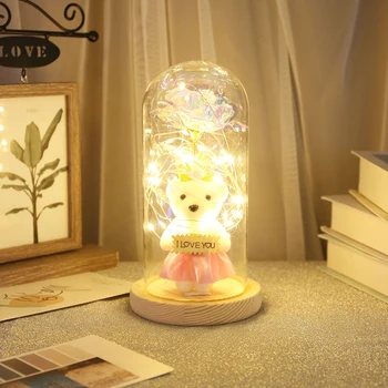 Goldleaf Farverige Bære Kunstig Rose Evig Blomst Dome Glas Cover Lampe med LED-Lys, Pynt til Fødselsdag, Bryllup Valente
