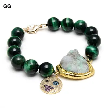 GuaiGuai Smykker 12mm Runde Grønne Tiger Eye Naturlige Smaragder Rå Armbånd Cz Bane Glade Ansigt Charme For Kvinder