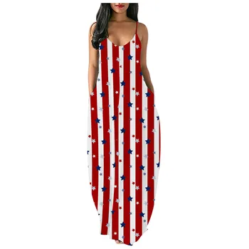 Independence Day Womail kjole, sommerkjole til Kvinder O-Hals Casual Print Løs Lomme Lang Kjole uden Ærmer Sommer maxi Kjoler