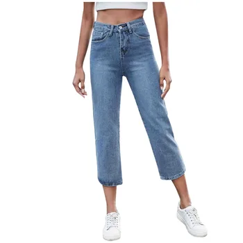 Jeans Kvinder Solid Vintage Casual Denim Bukser Til Kvinder Dame Lynlås Talje Højde Løs Straight Leg Fuld Længde Bukser-Jeans