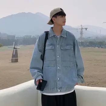Koreanere Pocket Denim Jakke Mænds Mode Afslappet Retro Blå Denim Jakker Herre Streetwear Løs Hip-hop Bomber Jacket M-3XL