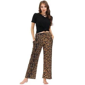Kvinder Pyjamas Sæt 2stk Nattøj om Sommeren kortærmet V-Neck Tops+Leopard Bukser Med Lommer Åndbar, Blød Behagelig Damer