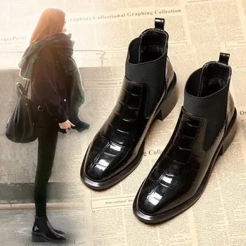 = Kvinder Støvler Skinnende Læder Firkantet Tå Elastisk Slip På Med Hæle Boot Korte Chelsea-Ankel Støvletter Chunky Sko