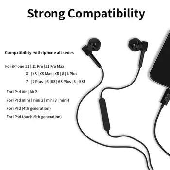 Lyn Øretelefoner, iFory HiFi Stereo-MFI Øretelefoner, Certificeret Lyn Øretelefoner, Mikrofon og volumenkontrol, der er Kompatible med iPhone11