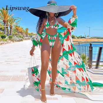 Nye Sommer Geometriske Print Tre-Delt Badedragt Kvinder Push Up Høj Talje Bikini Sæt Lady Dække Op Badedragt Brasilianske Biquini
