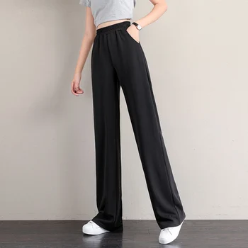 Pantalones rectos de pierna ancha para mujer, pantalones de chándal largos de cinture alta, ropa de P53 calle de estilo coreano,