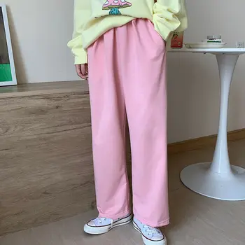 Pink Bred Ben Bukser, Forår Mode 2021 Koreansk Mode Bukser Med Høj Talje Solidt Plus Size Casual Bukser Kvinder