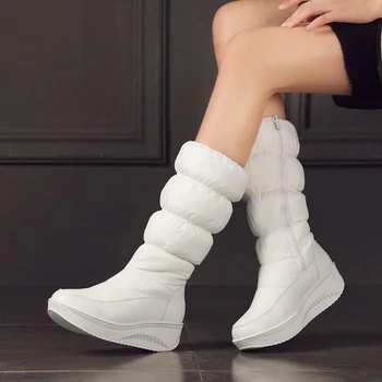 Plus størrelse 35-44 nye fashion vinter sne støvler, platform sko fodtøj midten af kalv kvinder støvler solid farve lynlås hvid