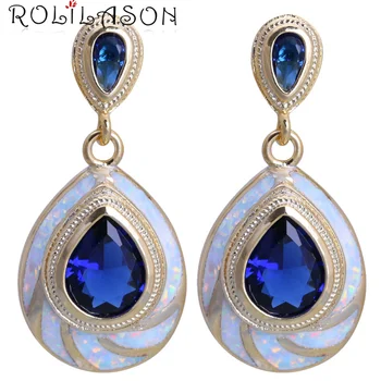 ROLILASON Vand drop design blå krystal Hvid Ild Opal gul guld farve Drop Øreringe til kvinder JES1144