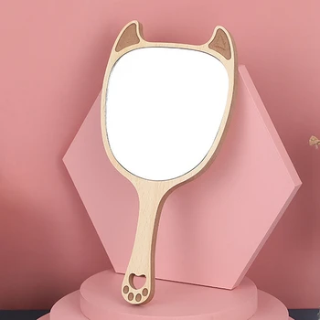 Side Spejle Træ Kreative Design Håndholdte kosmetikspejl med Håndtag Makeup Spejl Søde Dyr Håndholdt Spejl