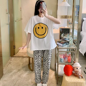 Stribet Smiley Ansigt Pyjamas Kvinders Sommeren koreansk-Stil Bomuld kortærmet Bukser, der Passer Løs Tynd Forår og Efterår Hjem