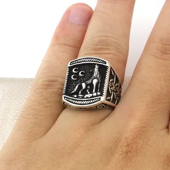 Sølv Howling Wolf Ring og Crescent Motiv Oxideret Mænd og Kvinder Ring 925 Sterling Sølv Fremstillet i Tyrkiet