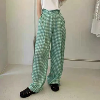 VGH koreanske Casual Grøn Ternet Bukser Til Kvinder Elastisk Høj Talje Løs Lige Bred Ben Bukser Kvindelige 2021 Sommer Mode Nyt