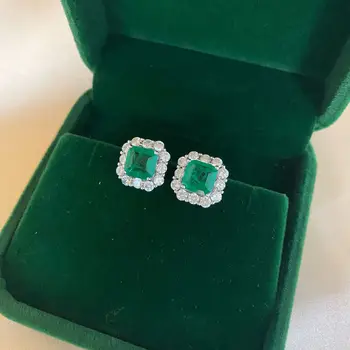 Vintage 925 Sterling Sølv 7*7 Smaragd-ædelsten Diamant stud Øreringe til Kvinder Bryllupsdag Smykker Øreringe Gave