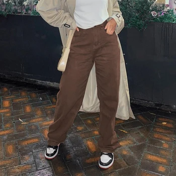 Vintage Y2K Joggere Kvinder Cargo Bukser 90'erne Streetwear Karamel Brun Lav Talje E-pige Æstetiske Løs Straight Bukser Kvindelige