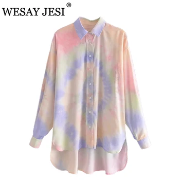 WESAY JESI Kvinder Vintage Hældning Tie Dye Print Casual Løs Bluse Kontor Damer langærmet Breasted Shirt Smart Oversize Toppe